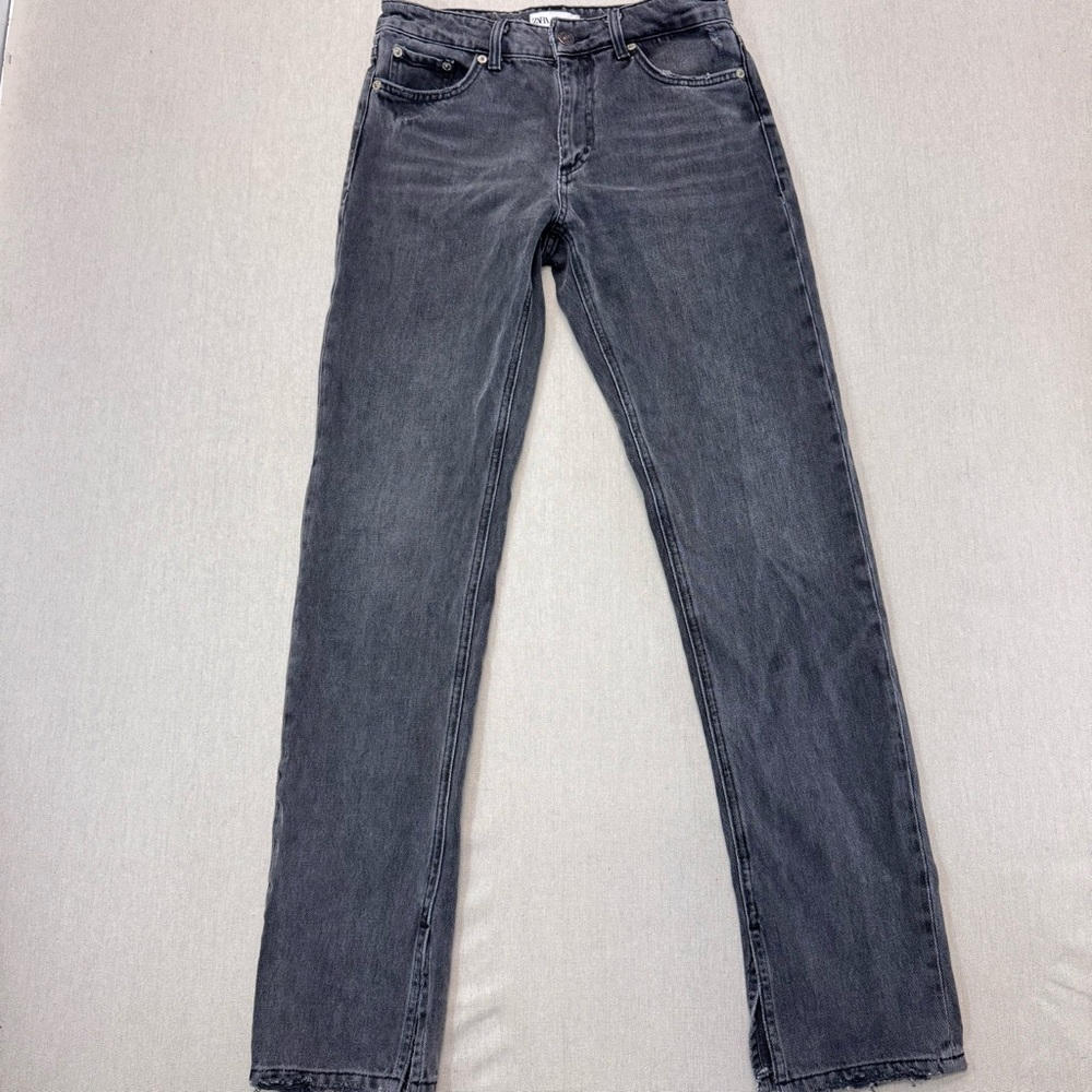 ZARA Gray Washed Slim Straight Jeans Women Size 36 Frayed Hem Raw Edge Mid Rise